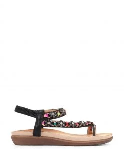 Pavers Black Ladies Embellished Toe-Post Sandals