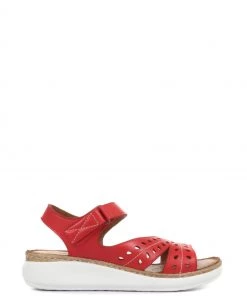 Pavers Red Ladies Leather Touch Fasten Cut Out Sandals