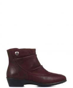 Pavers Burgundy Red Ruched Leather Ankle Boots