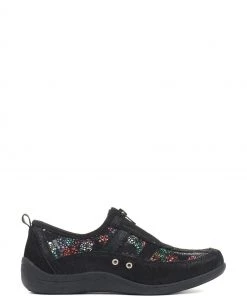 Pavers Black Floral Leather Ladies Wide Fit Trainers