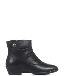 Pavers Black Ruched Ladies Leather Wide Fit Ankle Boots